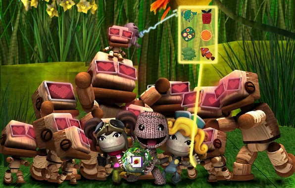 Picture flowers, men, robots, hearts, figures, console game, Little Big Planet 2, console game