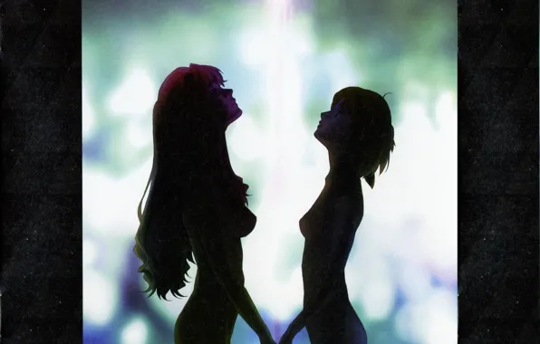 Picture light, rocket, silhouette, profile, two girls, long hair, art, Macross Frontier