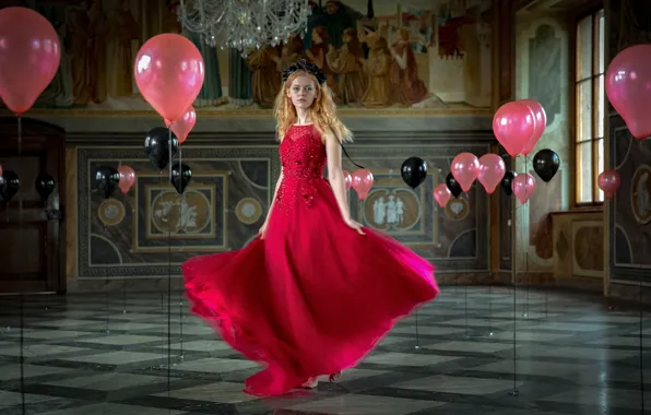 Girl, balls, red, pose, photo, room, model, dress