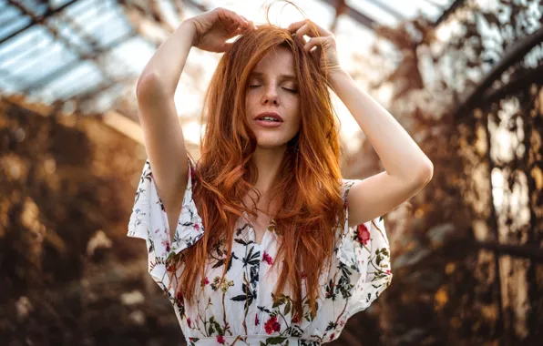 Face, pose, model, makeup, dress, hairstyle, freckles, redhead