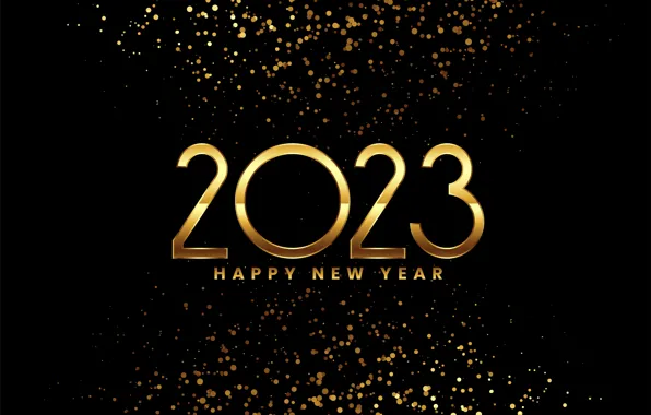 Lights, gold, Shine, figures, New year, black background, gold plated, date