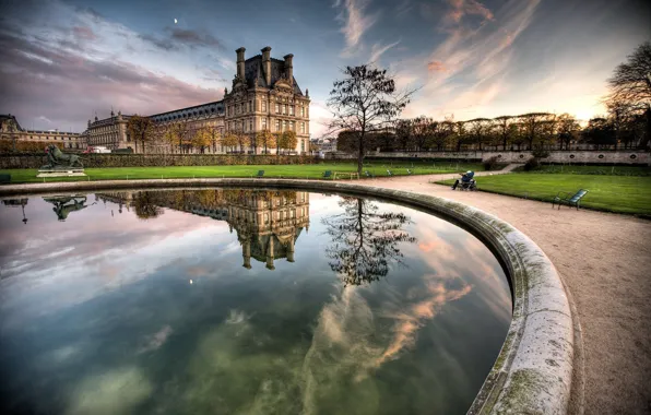 Water, landscape, reflection, people, Paris, benches, the Louvre, Paris Louvre