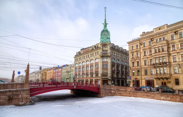 Ice, winter, the sky, bridge, river, HDR, home, Saint Petersburg