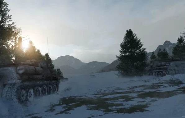 Picture forest, snow, art, tank, su-100, Soviet Tank, War thunder, hibikirus
