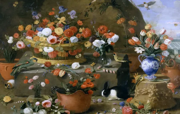 Animals, birds, basket, picture, vase, Still life with Flowers, Jan van Kessel the Elder