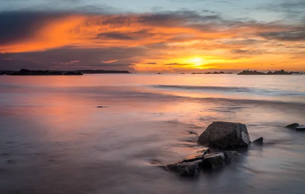 Picture sea, wave, the sky, the sun, clouds, light, landscape, sunset