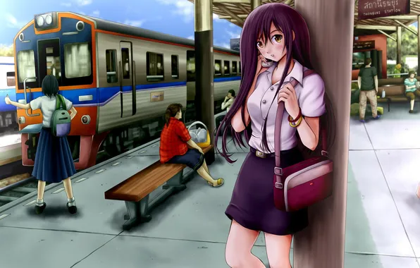 Look, girl, surprise, train, the platform, phone, bag, art