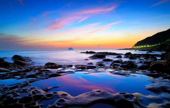 Picture sea, the sky, mountains, lights, rocks, the evening, tide