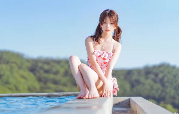 Sky, Beautiful, Asian, Model, Clear Sky, Woman, Pool, Cute