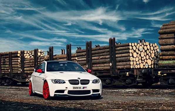 Picture white, bmw, BMW, logs, railroad, white, composition, e92