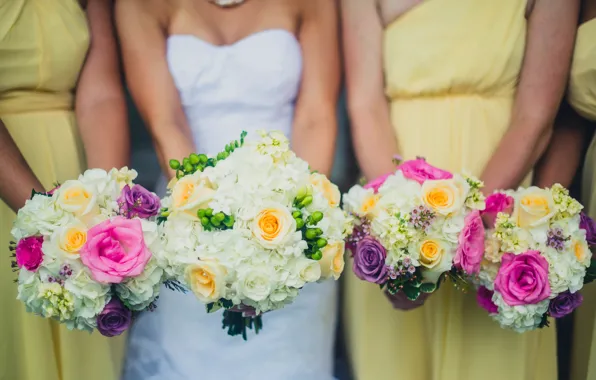 Picture flowers, dress, the bride, wedding, bouquets, girlfriend
