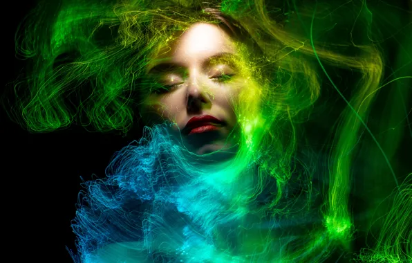 Girl, light, line, abstraction, face, green, style, blue