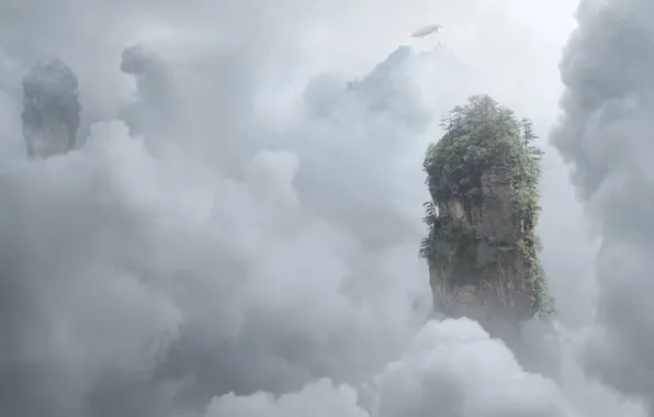 The sky, clouds, mountains, rendering, fiction, height, the airship, flying island