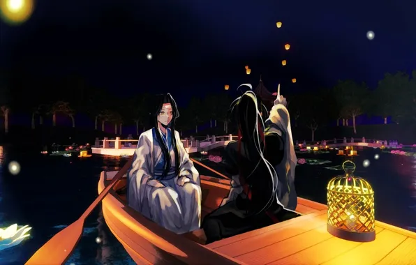 The sky, the city, lights, lake, holiday, boat, lantern, lanterns