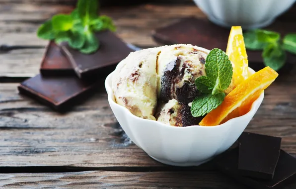 Chocolate, ice cream, mango, mint, slices, orange, caramel, Oxana Denezhkina