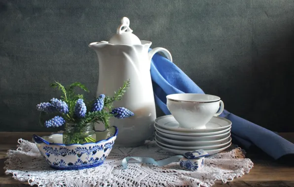 Flowers, kettle, Cup, still life, set, saucers