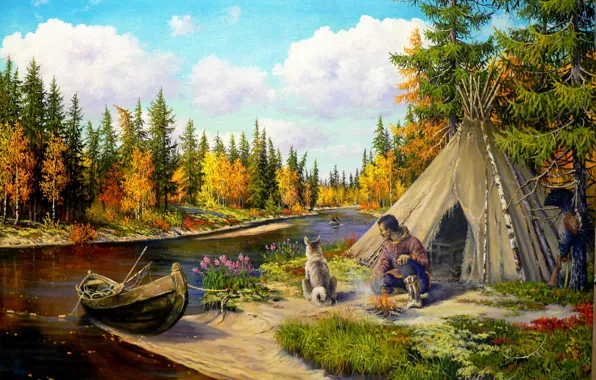 Nature, river, boat, dog, art, taiga, hunter, Andrey Lyakh