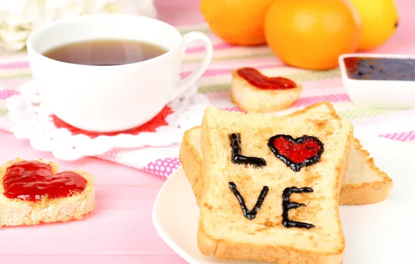 Tea, oranges, mug, love, drink, jam, toast