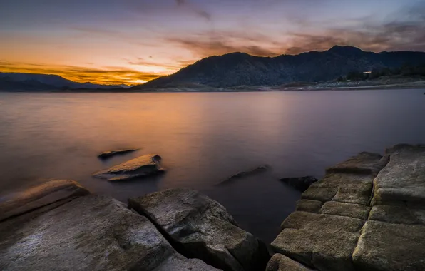 Landscape, mountains, lake, stones, dawn, Lake Isabella