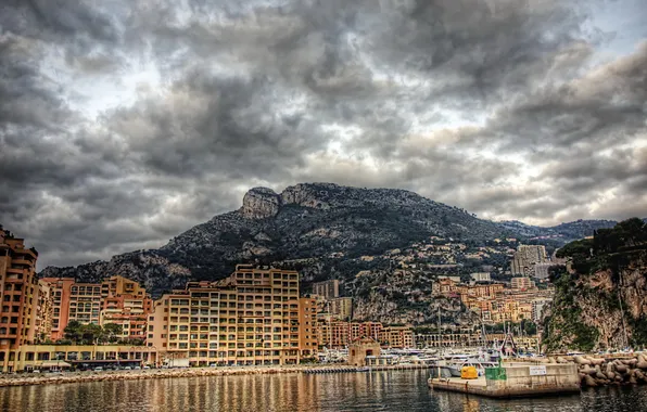Picture the sky, clouds, mountains, the city, photo, coast, HDR, home