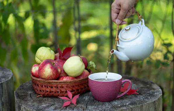 Tea, apples, hand, kettle, Cup