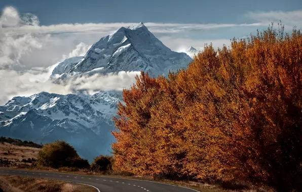 Road, autumn, snow, trees, mountains, top