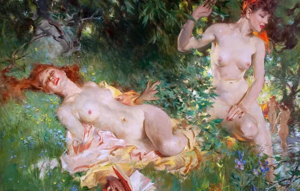 Girls, Picture, Two, Naked, American artist, Howard Chandler Christy, Howard Chandler Christie, Nymphs in summer