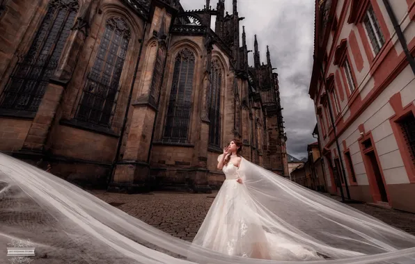 Girl, pose, street, building, dress, wedding, Joshua Chang
