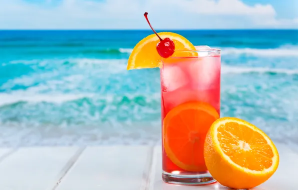 Picture ice, sea, summer, cherry, background, orange, cocktail, citrus