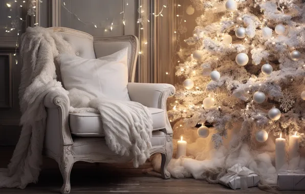 Winter, frost, snow, decoration, room, tree, interior, chair