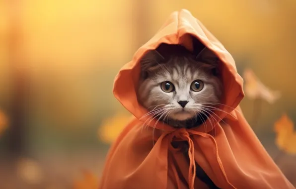 Autumn, cat, cat, look, pose, kitty, hood, cloak
