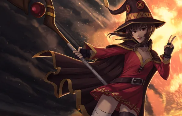 Girl, hat, dress, MAG, staff, cloak, art, megumin