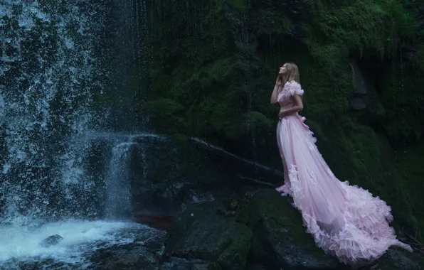 Water, girl, reverie, pose, rocks, calm, waterfall, moss