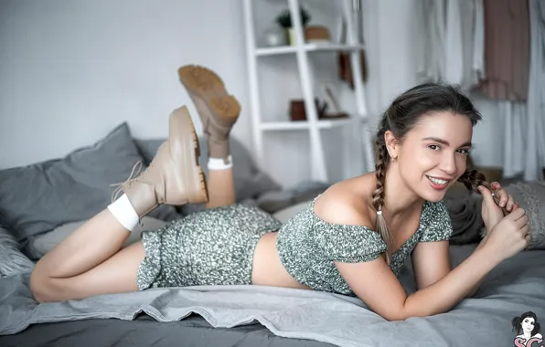 Model, women, smiling, braids, in bed, bent legs, looking at viewer, legs up