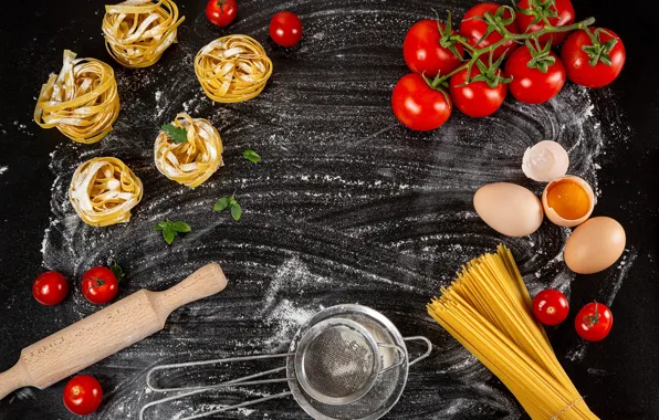 Eggs, vegetables, tomatoes, pasta