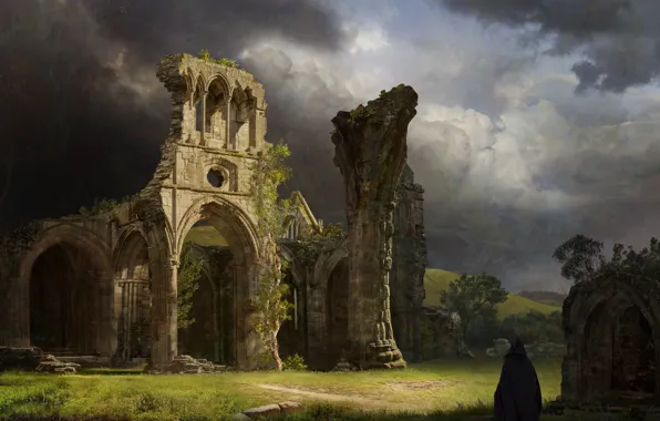 The sky, clouds, vegetation, the ruins, ruins