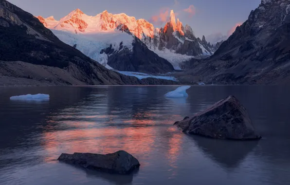 Picture the sky, snow, sunset, mountains, nature, lake, stones, rocks