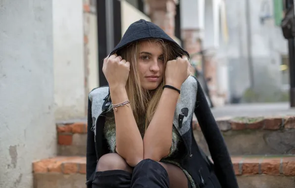 Look, girl, pose, hood, bokeh, Shopie