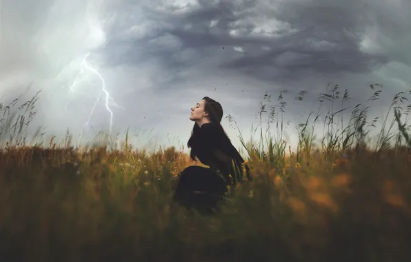 Field, girl, element, lightning, The Storm, squally wind