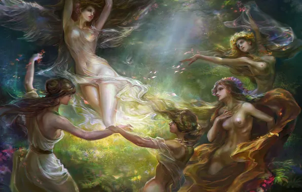 Chest, light, flowers, girls, wings, art, wreath, rong rong