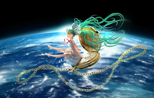 Picture girl, space, earth, watch, planet, art, tape, chain