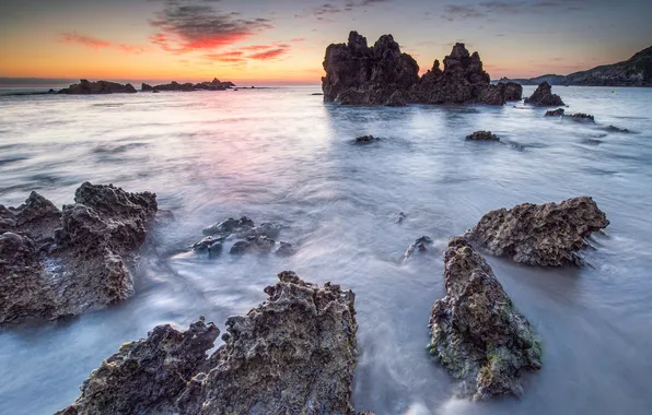 Sea, beach, the sky, mountains, clouds, rocks, dawn