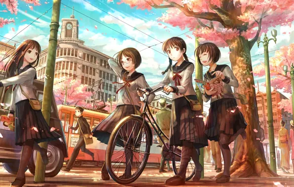 Picture road, bike, the city, mood, spring, book, company, Schoolgirls