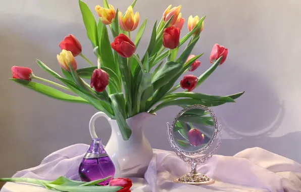 Bouquet, perfume, mirror, tulips