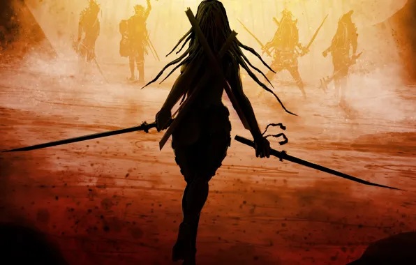 Girl, weapons, fiction, back, swords, long hair, enemies