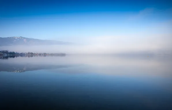The sky, fog, lake, France, morning, Annecy