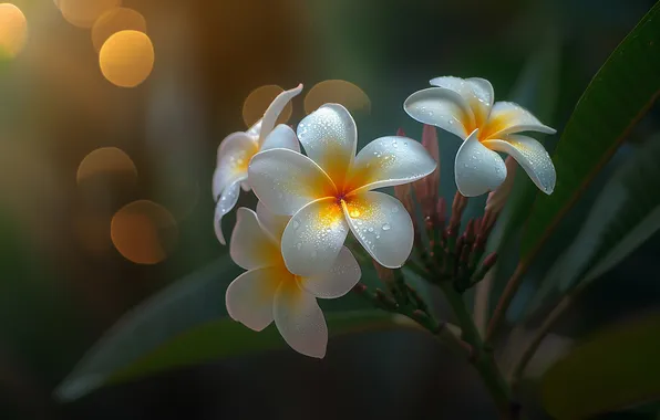 Leaves, flowers, the dark background, white, bokeh, plumeria, frangipani, AI art