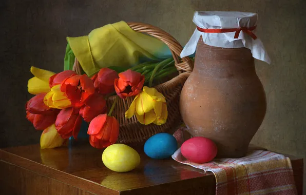 Flowers, basket, Easter, tulips, pitcher, still life, eggs dyed, drape