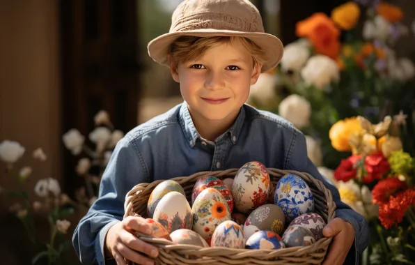 Flowers, smile, holiday, portrait, eggs, spring, hat, boy