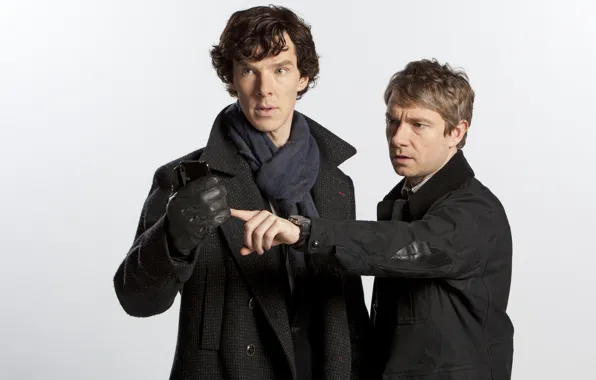 White background, the series, actors, Martin Freeman, Martin Freeman, Sherlock, benedict cumberbatch, Benedict cumberbatch